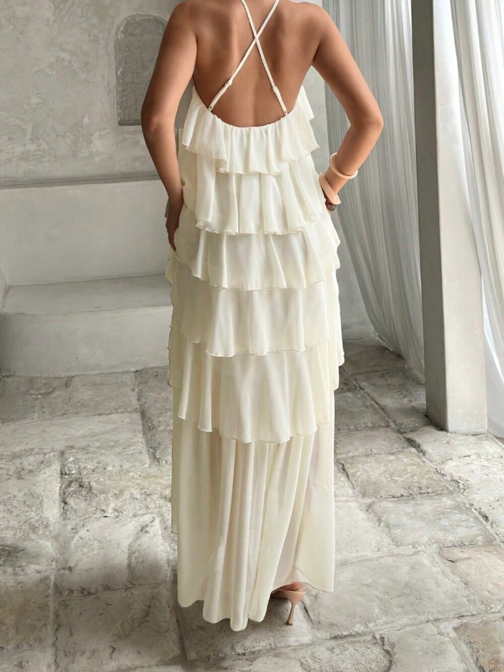 Apricot Boho Women's Elegant Romantic Layered Ruffle Halter Dress - Picture 2 of 7